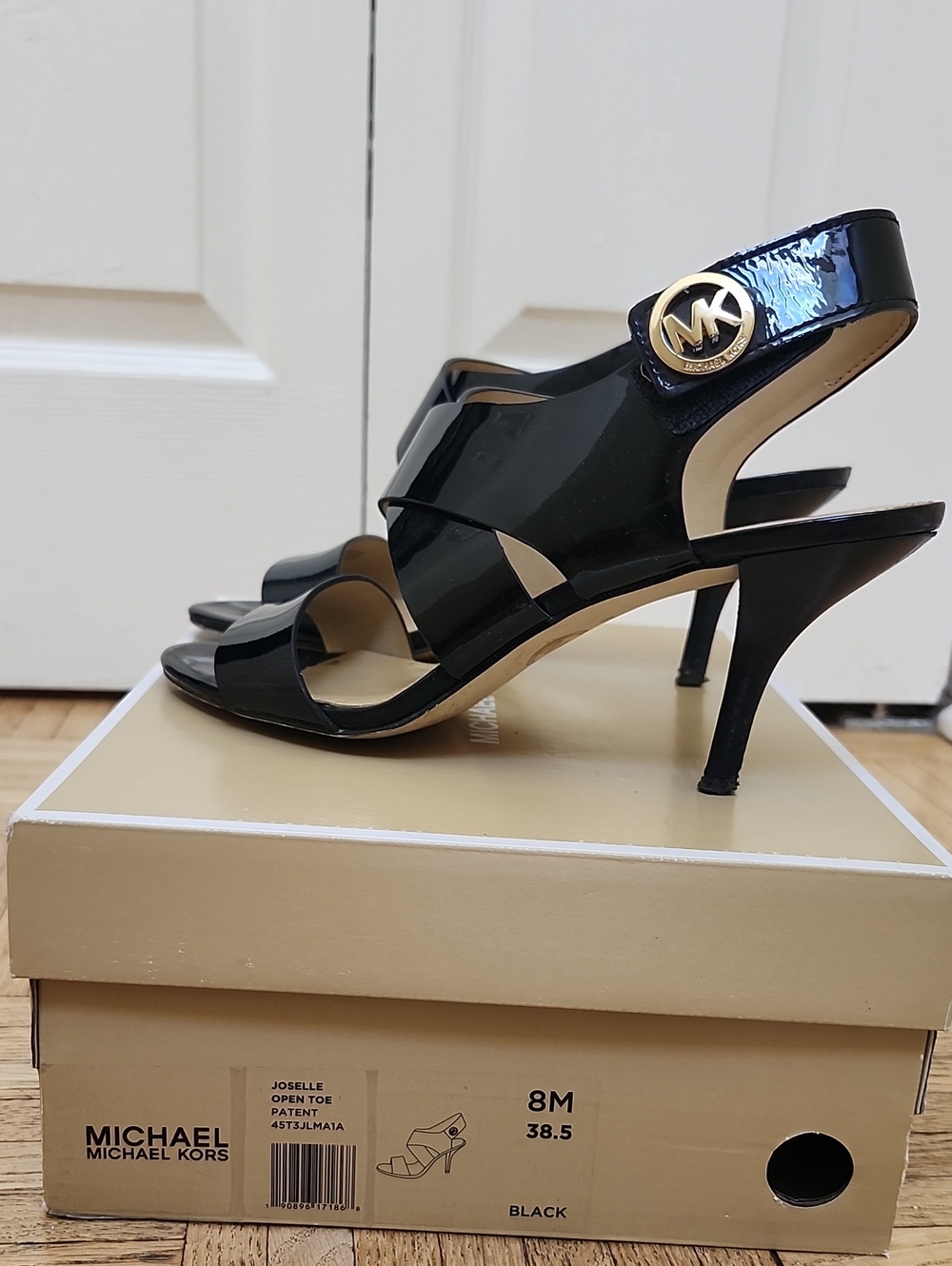 Michael Kors Black Patent Leather Slingback Sandals with Gold MK Accent